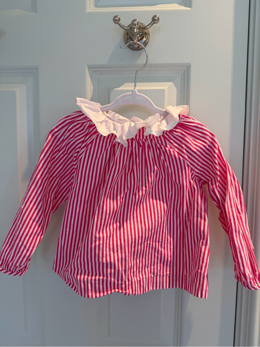 Jacadi Pink and White Striped Ruffle Neck Long Sleeve Blouse 24M